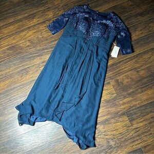 TS Courture Blue Lace Chiffon Padded Evening Gown